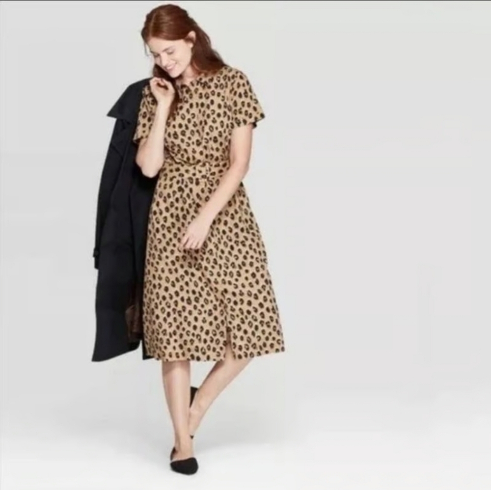 A New Day Women's Leopard Print Short Sleeve Collared Midi Shirt Dress Sz: M